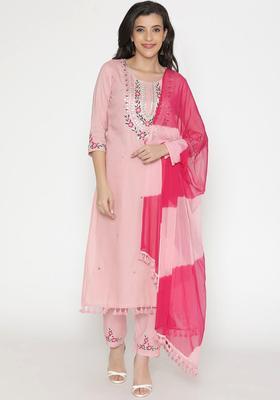 Peach Embroidered Viscose Kurta Set