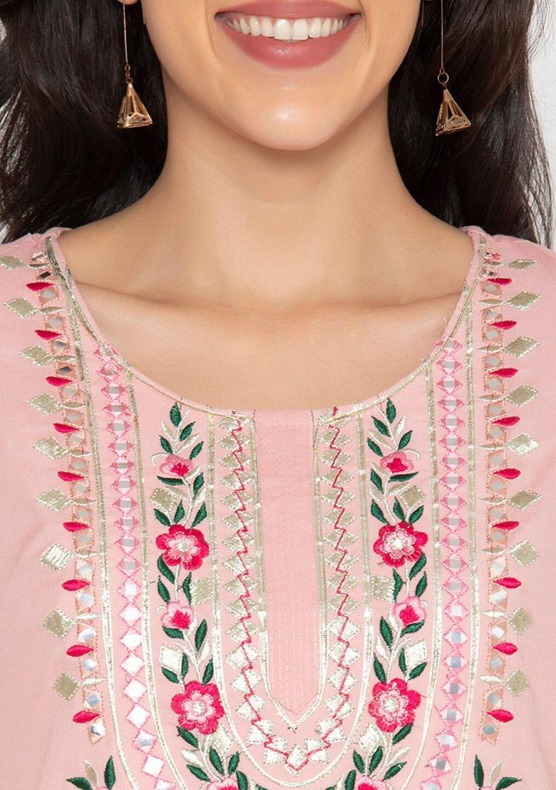 Peach Embroidered Viscose Kurta Set - Indya