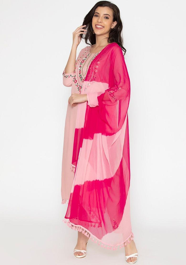 Peach Embroidered Viscose Kurta Set - Indya