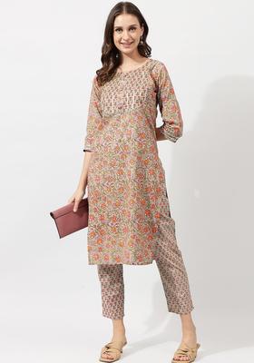 Beige Printed Cotton Kurta Set