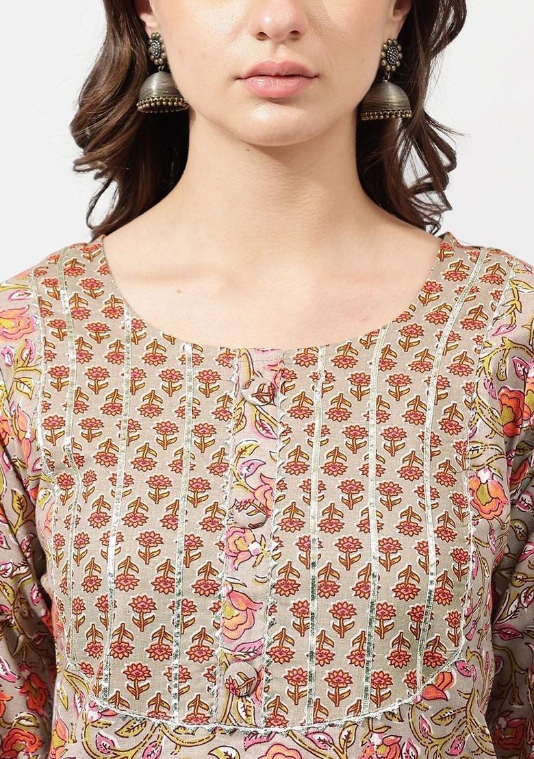 Beige Printed Cotton Kurta Set - Indya