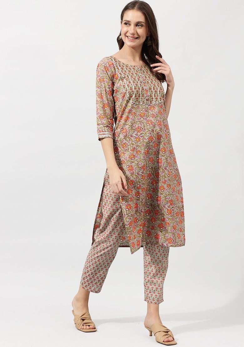 Beige Printed Cotton Kurta Set - Indya