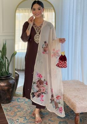 Brown Embroidered Viscose Kurta Set