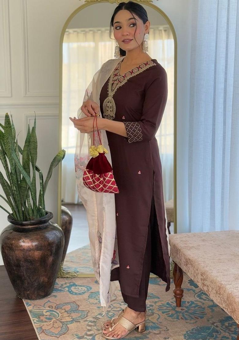 Brown Embroidered Viscose Kurta Set - Indya