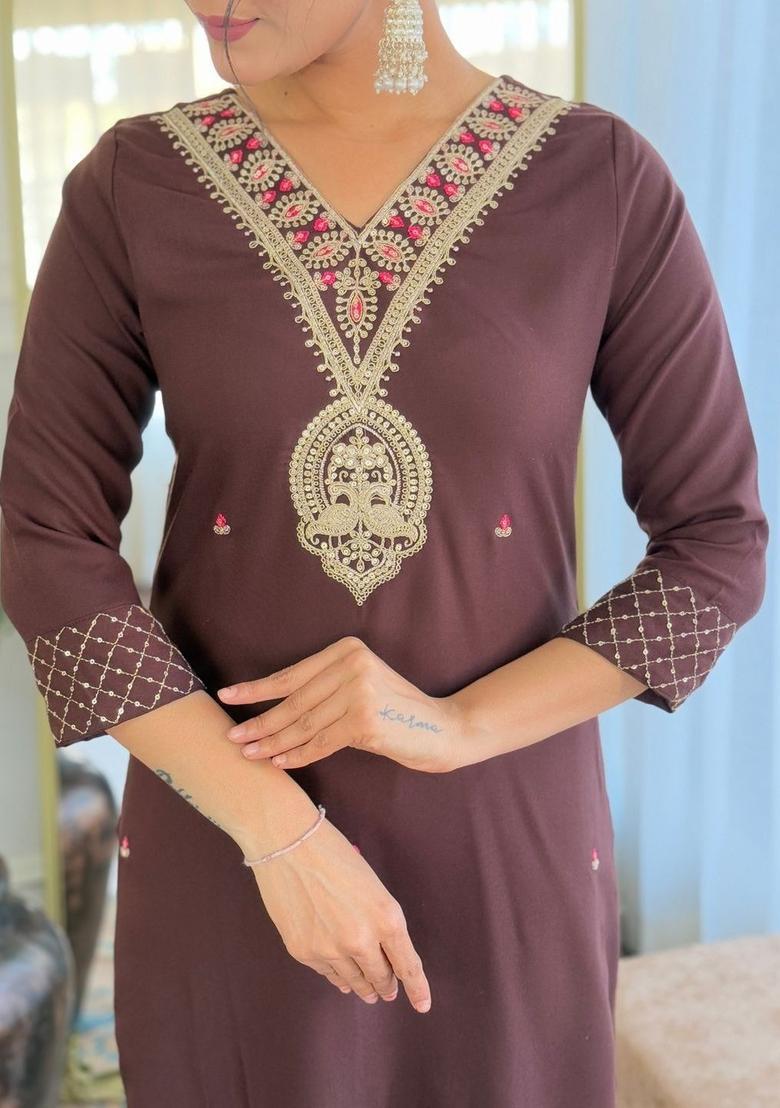Brown Embroidered Viscose Kurta Set - Indya