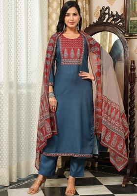 Blue Yoke Design Cotton Kurta Set