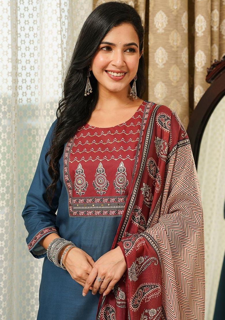 Blue Yoke Design Cotton Kurta Set - Indya