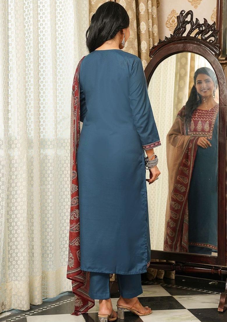 Blue Yoke Design Cotton Kurta Set - Indya
