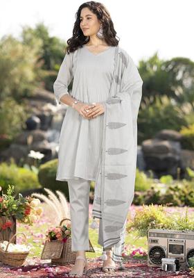 Grey Solid Cotton Kurta Set
