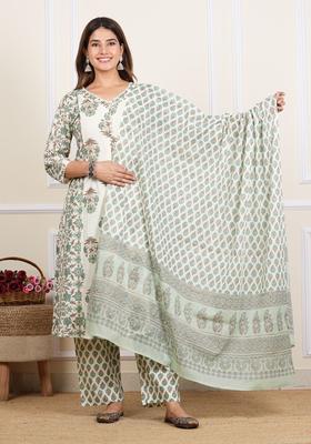 Off White Printed Cotton Kurta Set