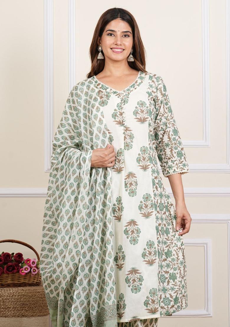 Off White Printed Cotton Kurta Set - Indya