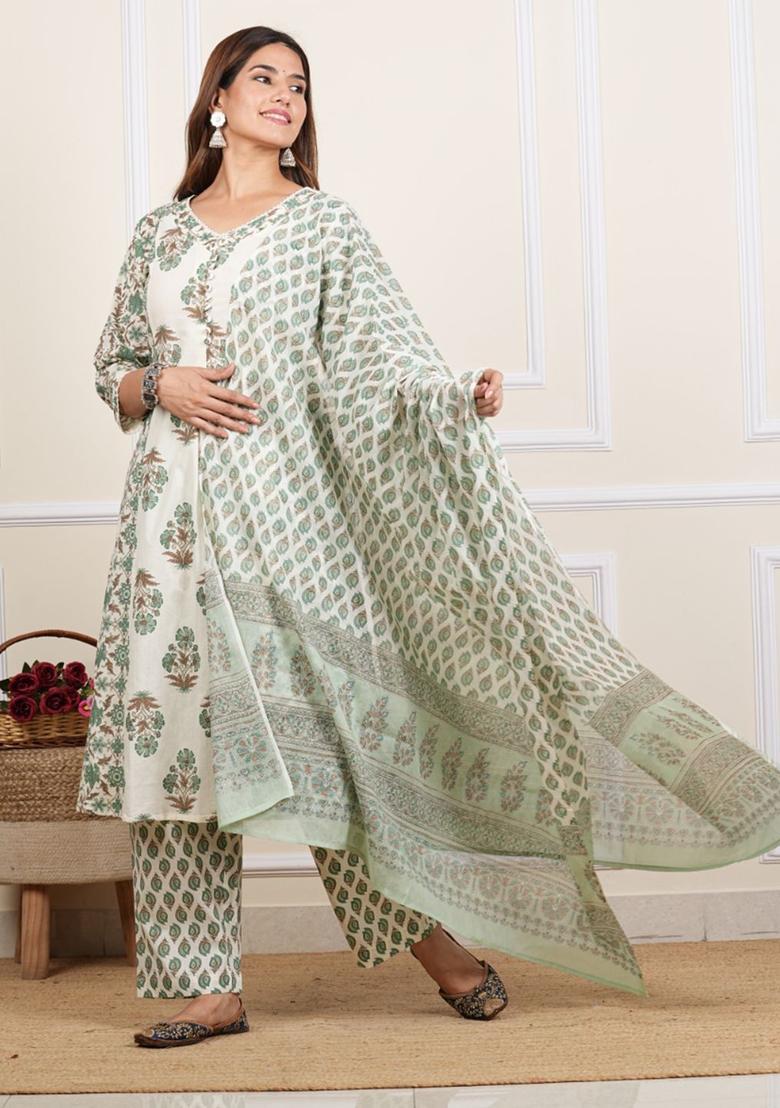 Off White Printed Cotton Kurta Set - Indya