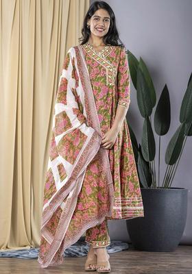 Peach Printed Cotton Anarkali Set