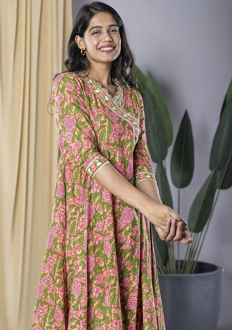 Peach Printed Cotton Anarkali Set - Indya