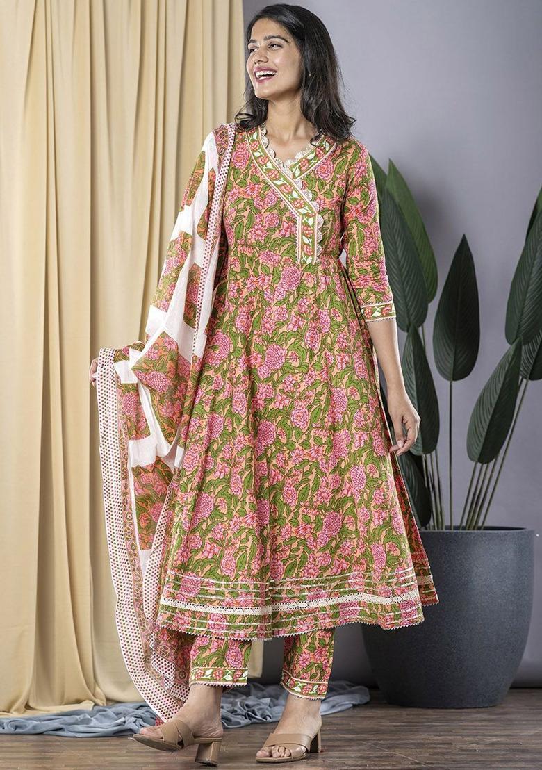 Peach Printed Cotton Anarkali Set - Indya