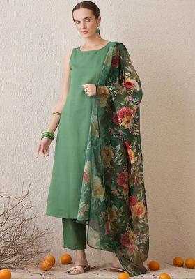 Green Self Design Viscose Kurta Set