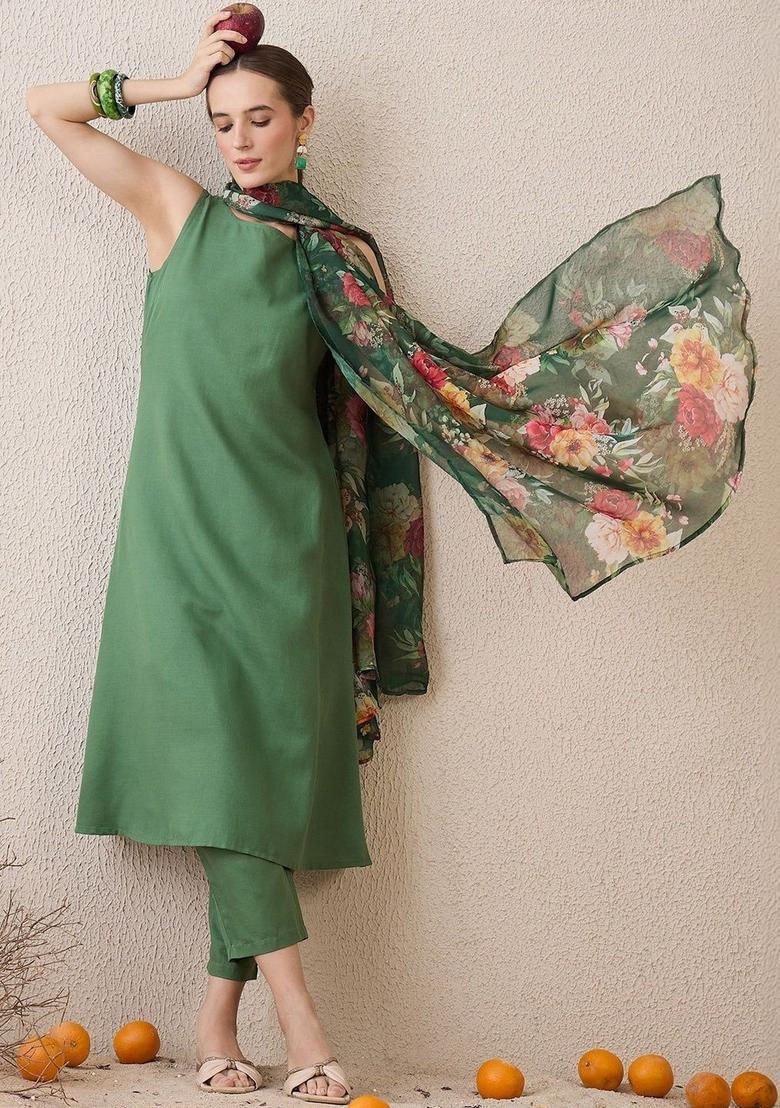 Green Self Design Viscose Kurta Set - Indya