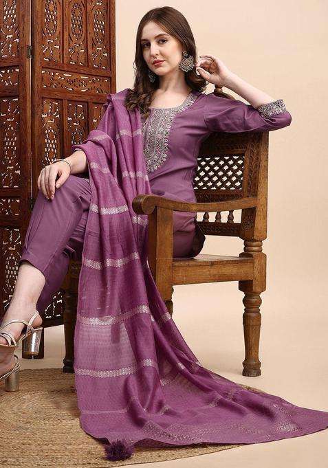 Lavender Embroidered Silk Blend Kurta Set