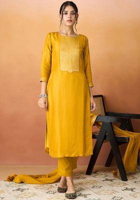 Yellow Woven Design Silk Blend Kurta Set