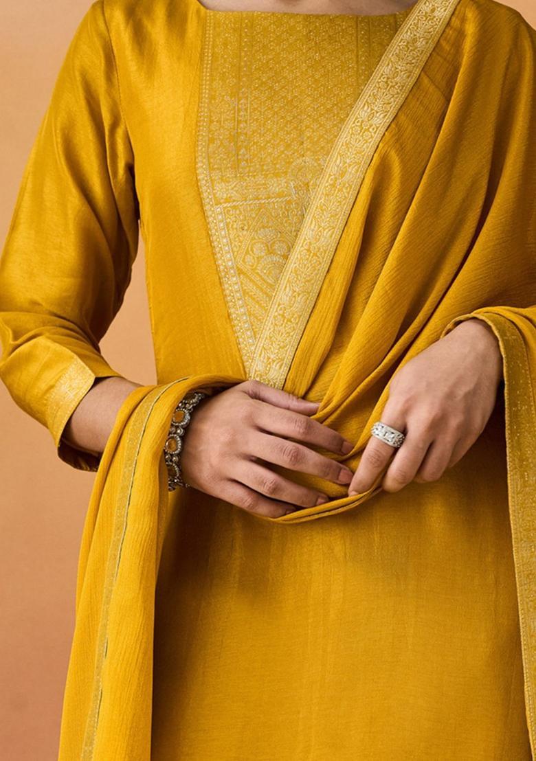 Yellow Woven Design Silk Kurta Set - Indya