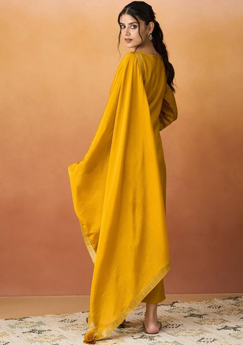 Yellow Woven Design Silk Kurta Set - Indya