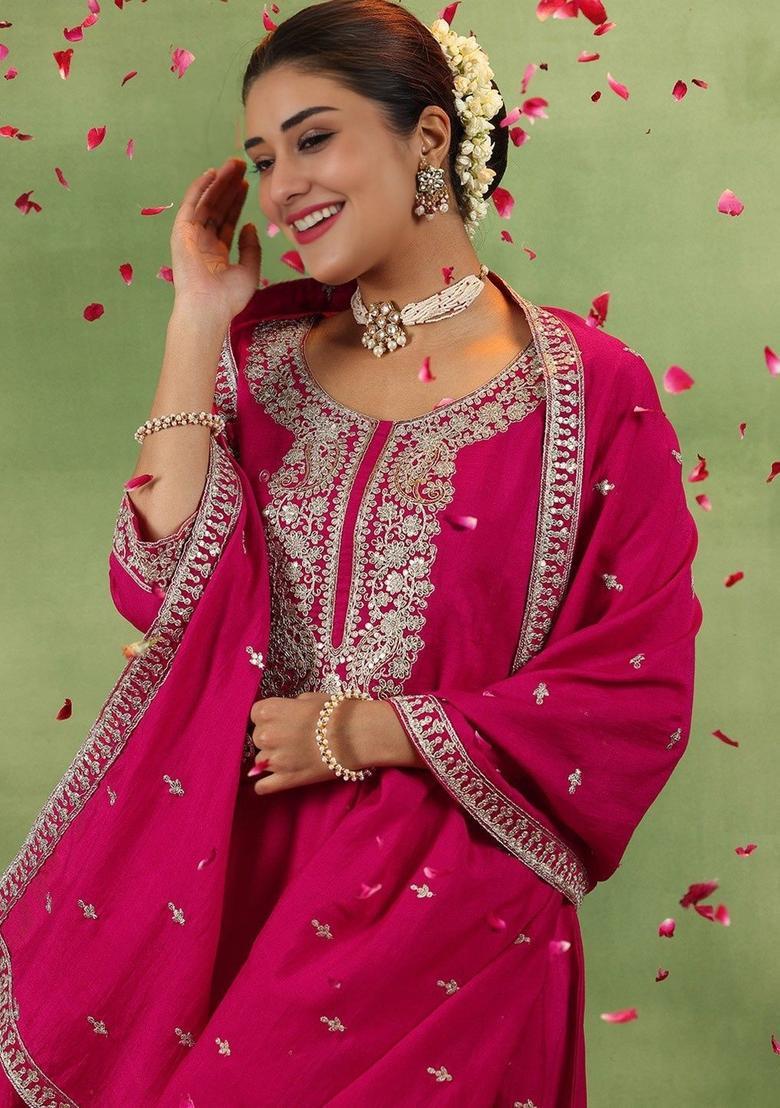 Pink Yoke Design Silk Anarkali Set - Indya