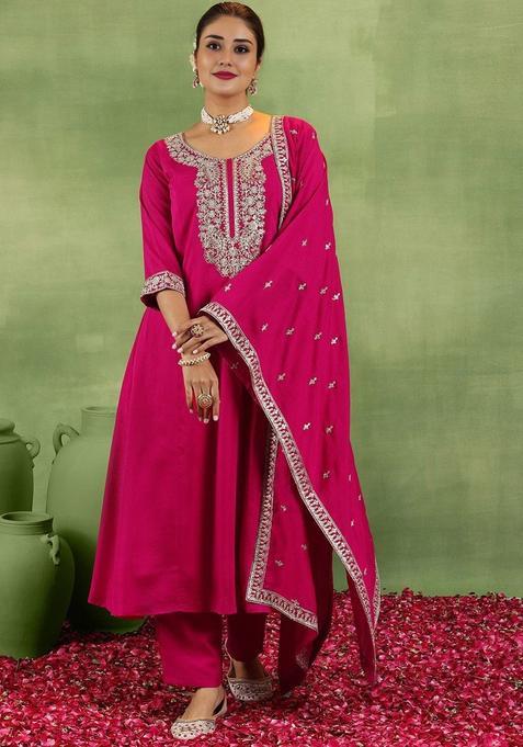 Pink Yoke Design Silk Anarkali Set — view on Indya