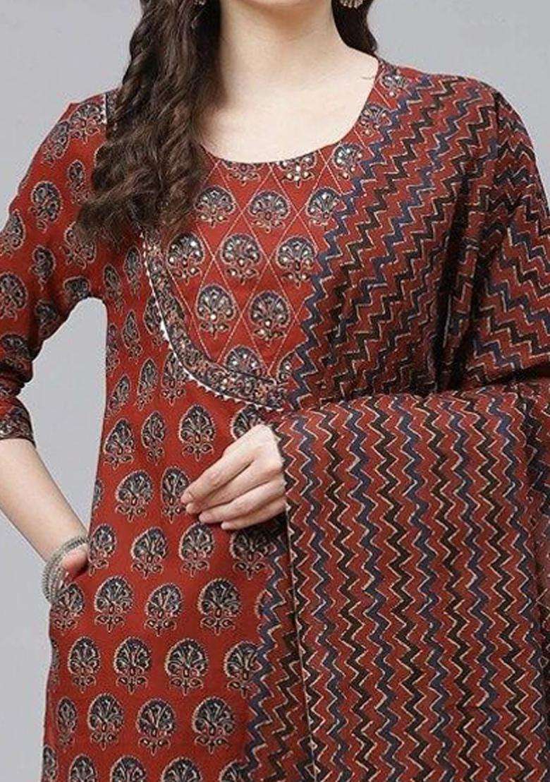 Rust Printed Viscose Kurta Set - Indya