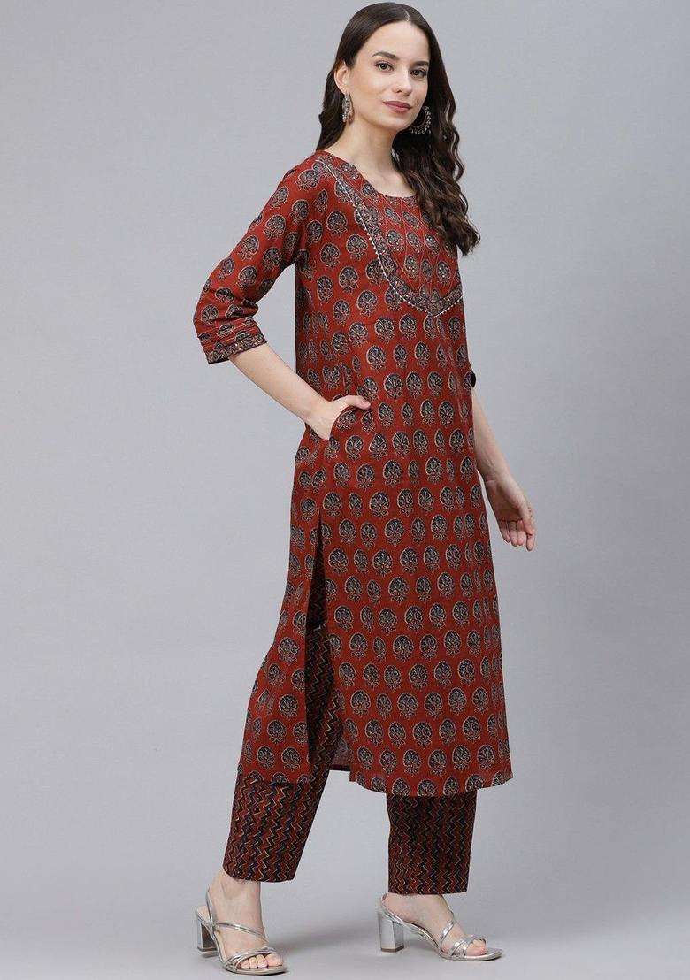 Rust Printed Viscose Kurta Set - Indya