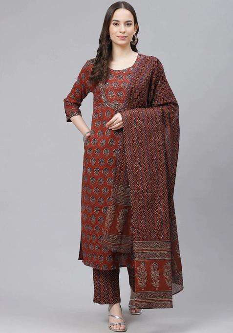 Rust Printed Viscose Kurta Set