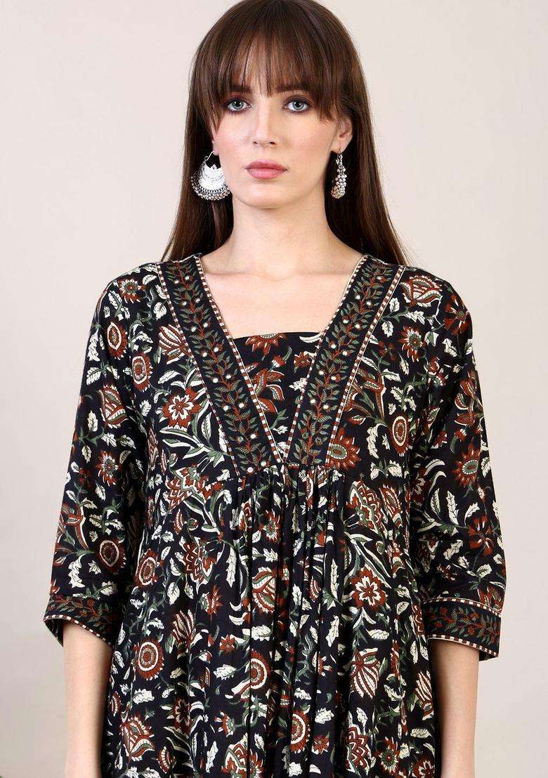 Black Printed Viscose Kurta Set - Indya