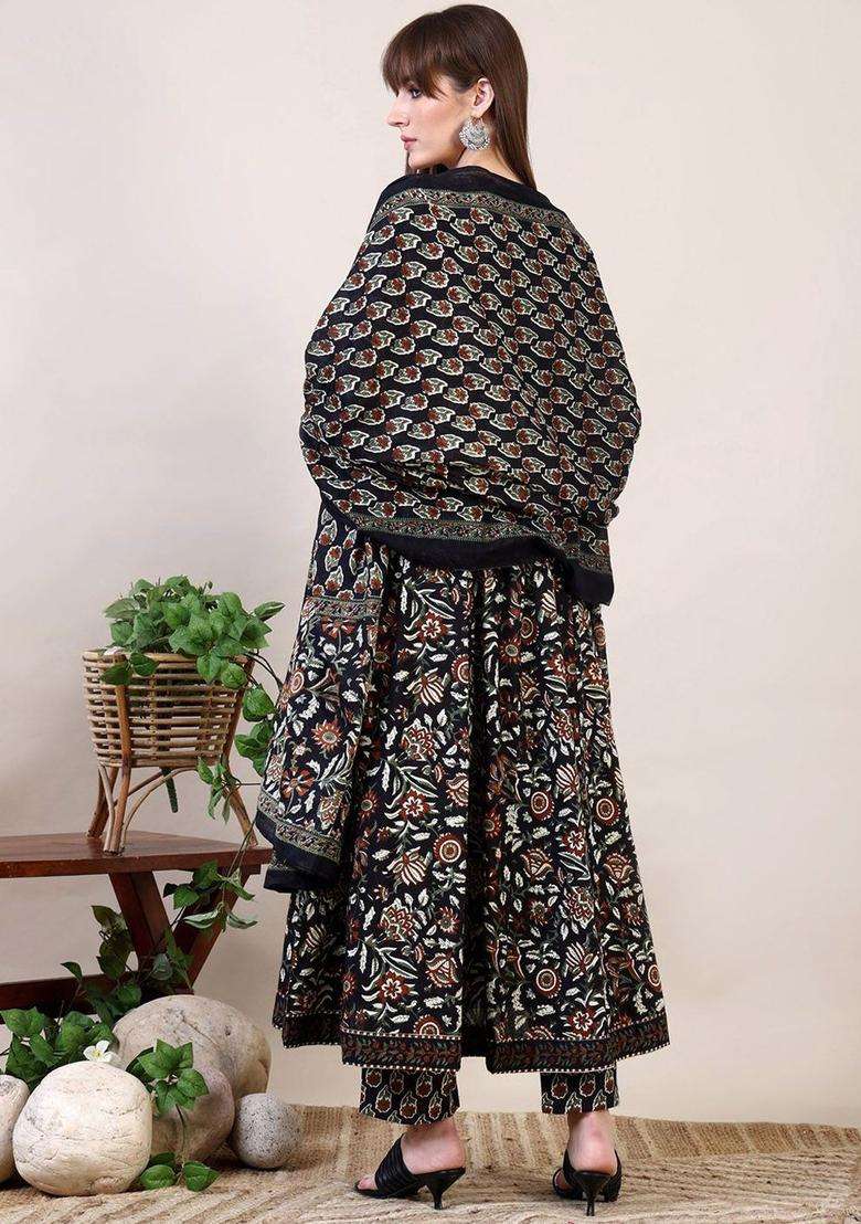 Black Printed Viscose Kurta Set - Indya