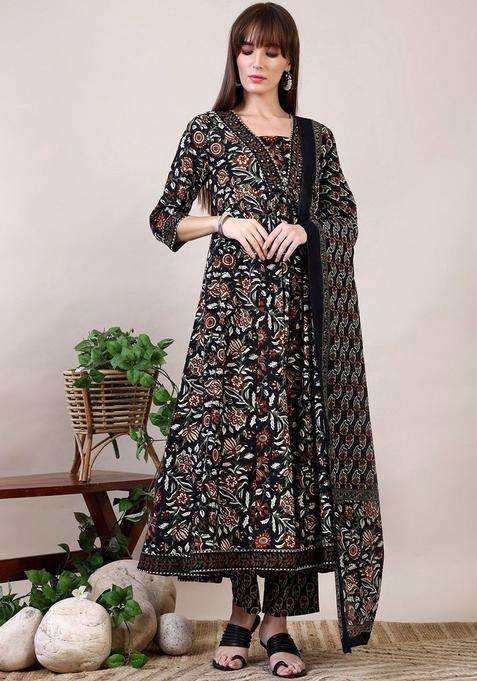 Black Printed Viscose Kurta Set