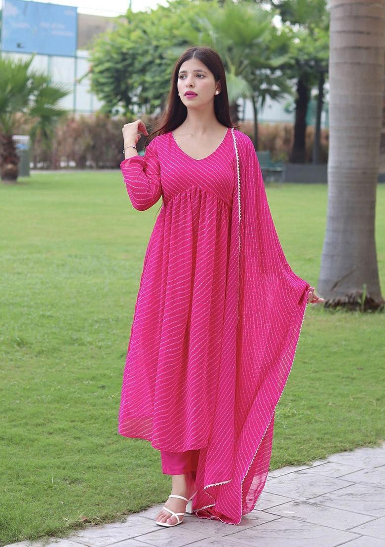 Pink Printed Georgette Kurta Set - Indya
