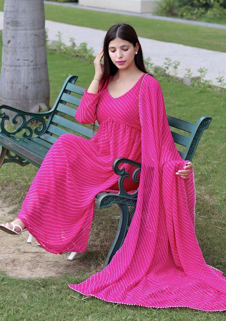 Pink Printed Georgette Kurta Set - Indya