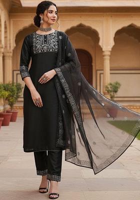 Black Yoke Design Silk Blend Kurta Set