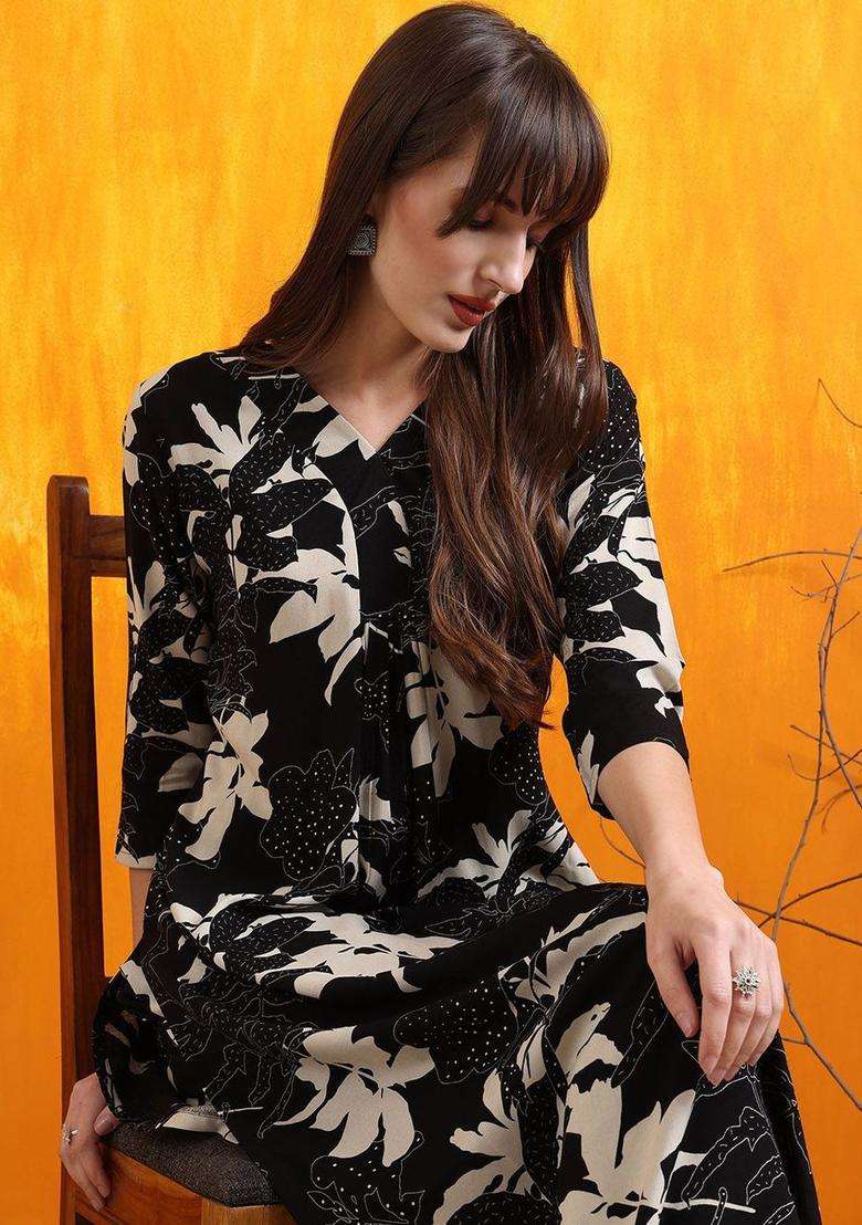 Black Printed Viscose Kurta Set - Indya