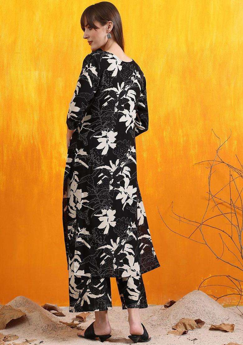 Black Printed Viscose Kurta Set - Indya