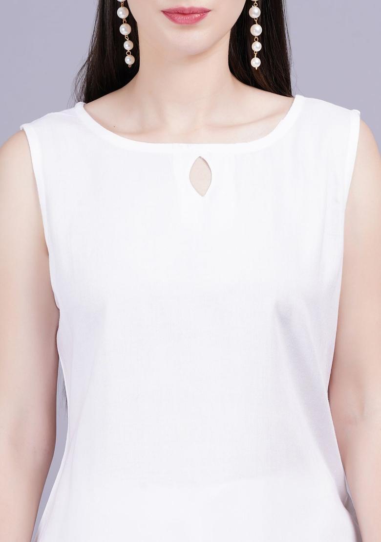 White Self Design Viscose Kurta Set - Indya