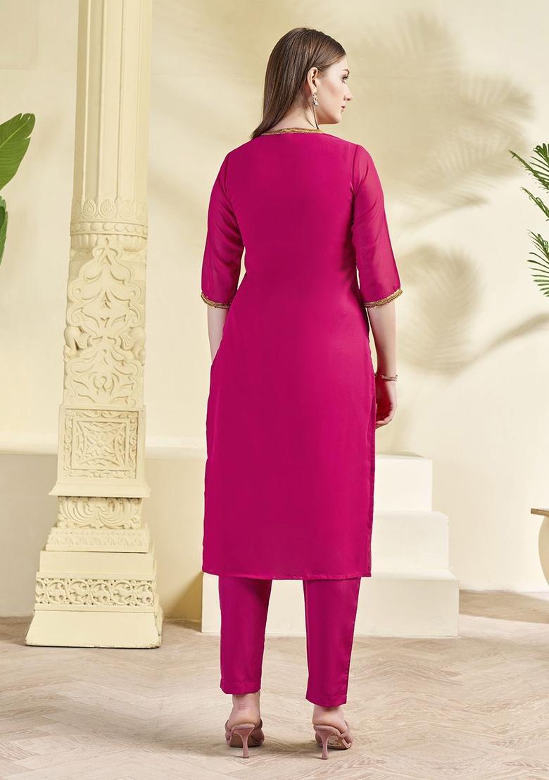 Magenta Embroidered Georgette Kurta Set - Indya