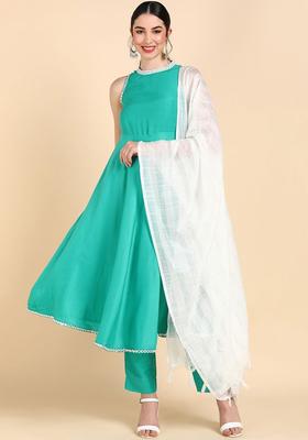 Sea Green Solid Silk Kurta Set