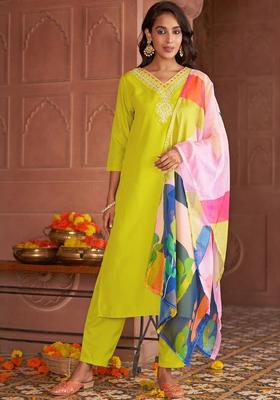 Lime Green Embroidered Viscose Kurta Set