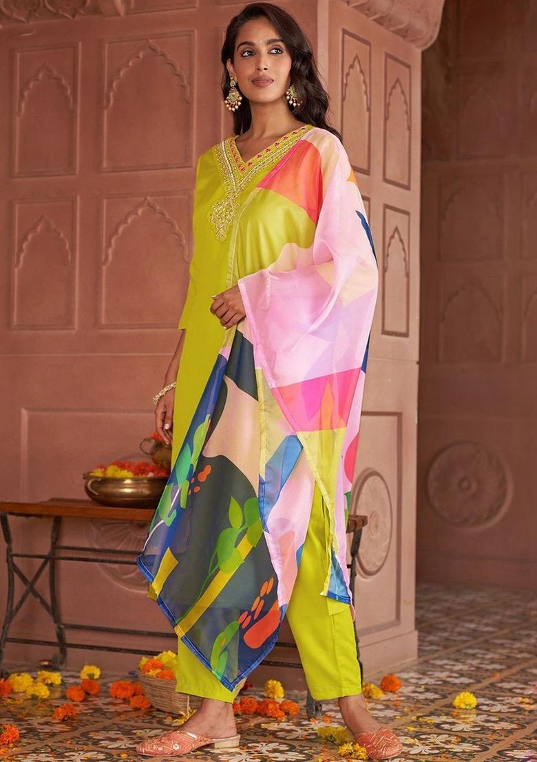 Lime Green Embroidered Viscose Kurta Set - Indya