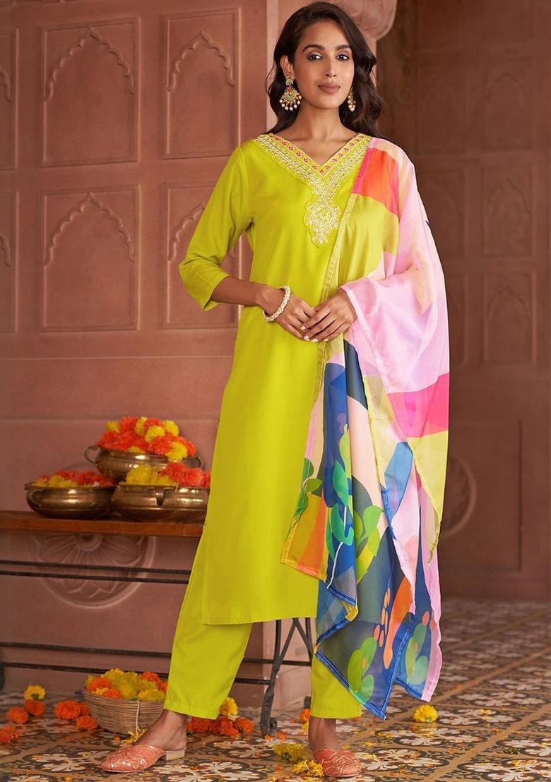Lime Green Embroidered Viscose Kurta Set - Indya