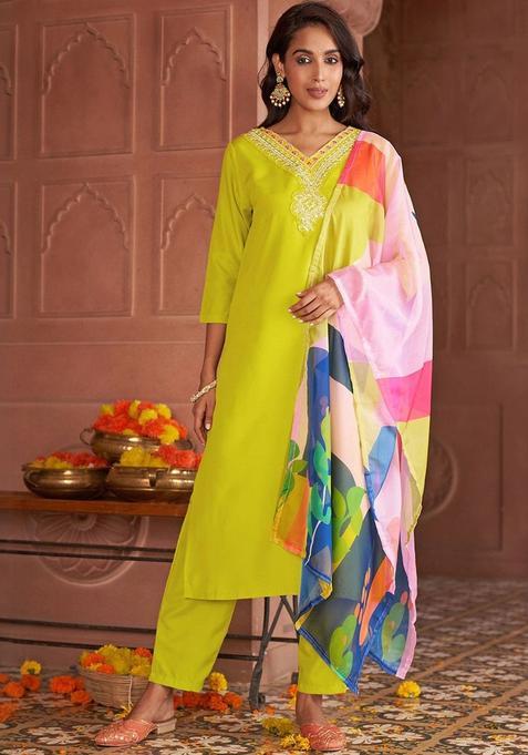 Lime Green Embroidered Viscose Kurta Set — view on Indya