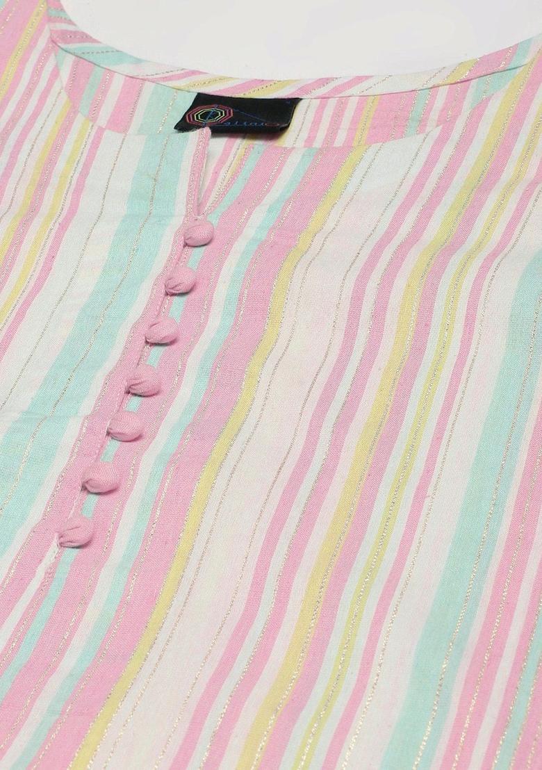 Pink Striped Cotton Kurta Set - Indya
