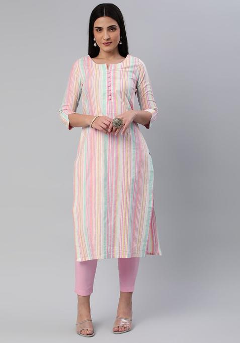 Pink Striped Cotton Kurta Set — view on Indya