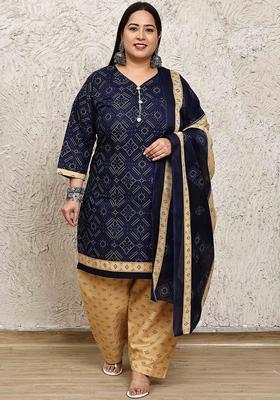 Navy Blue Printed Cotton Kurta Set