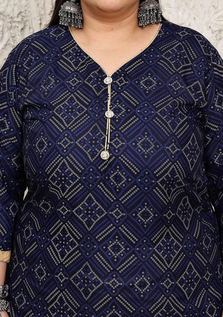Navy Blue Printed Cotton Kurta Set - Indya