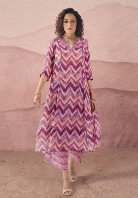 Peach Printed Viscose Kurta Set